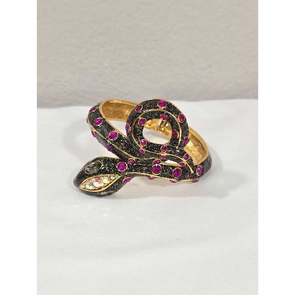 Betsey Johnson Snake Bracelet Clamper Chunky Black, Pink Rhinestones Vintage